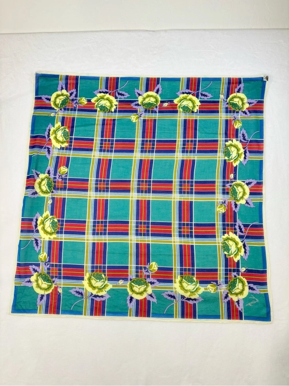 Vintage Kenzo Tokyo Cotton Scarf Plaid Teal Yellow Floral 28” Japan